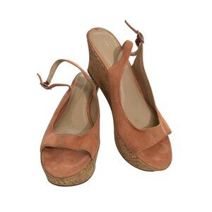 Via Spiga Womens size 9M orange Suede Leather  Peep-Toe cork Wedge Sandals shoes